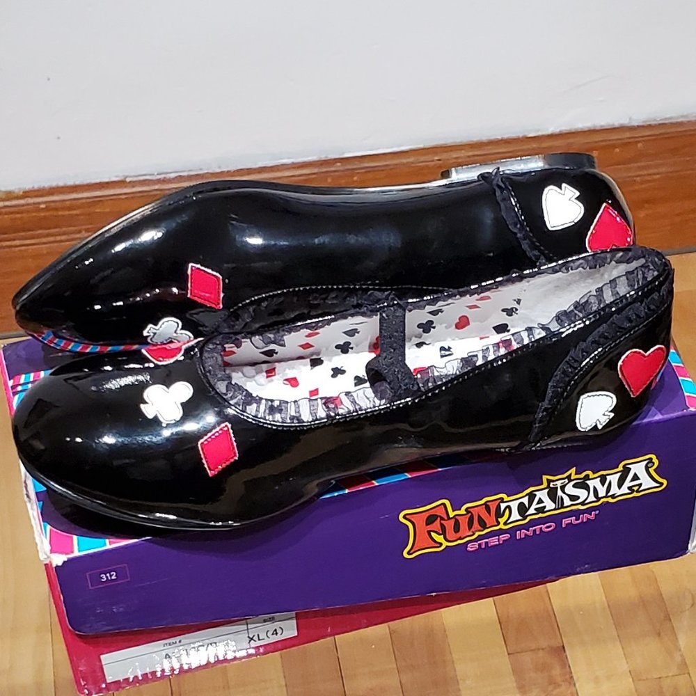Alice card suits themed black flats